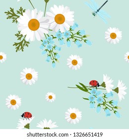 Seamless vector illustration with ladybug, chamomile and campanula on a blue background. For decorating textiles, packaging, web design.