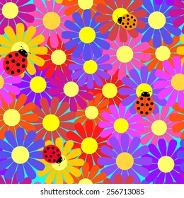 Seamless vector illustration of ladybugs and flowers.