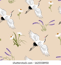 Seamless vector illustration with lavender and birds crane on a beige background. For decoration of textiles, packaging, web design.