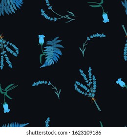 Seamless vector illustration with lavender, campanula on a black background. For textile decoration, packaging, web design.
