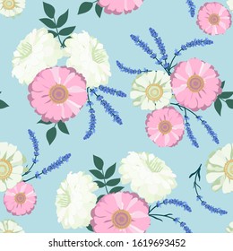 Seamless vector illustration with lavender and chrysanthemum . For textile decoration, packaging, web design.