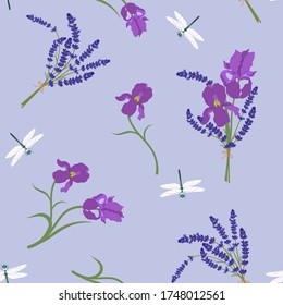 Seamless vector illustration with lavender, iris and dragonflies on a blue background. For textile decoration, packaging, web design.