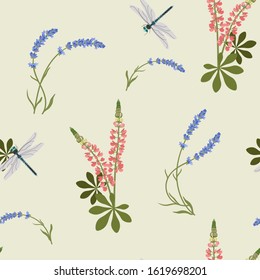 Seamless vector illustration with lavender, lupine and dragonfly. For textile decoration, packaging, web design.
