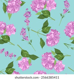 Seamless vector illustration with lavender and pink hydrangea on a turquoise background. For decorating textiles, packaging, paper.