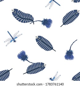 Seamless vector illustration with leaves, thistle and dragonflies on a white background. For decoration of textiles, packaging, web design.