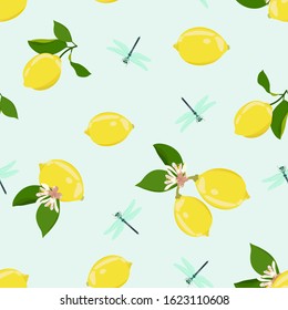 Seamless vector illustration with lemons and dragonflies on a light background. For textile decoration, packaging, web design.