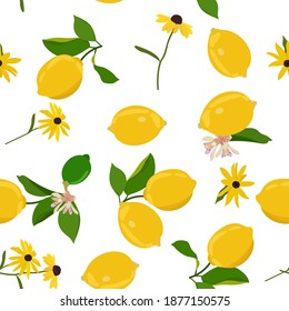 Ilustración vectorial sin foco con limones y flores sobre un fondo blanco. Para decoración textil, embalaje, diseño web.