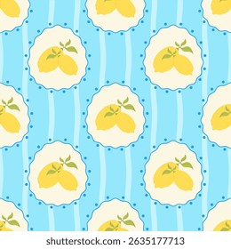 Ilustração de vetor sem costura com limões emoldurados por linhas azuis onduladas e pontos em fundo turquesa listrado. Design brilhante de citrinos mediterrânicos em estilo plano.