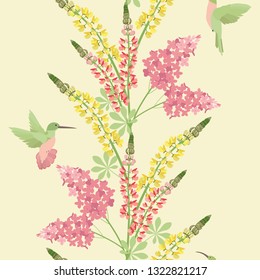 Seamless vector illustration with lilac, lupine flowers and hummingbirds on a yellow background . For decorating textiles, packaging, covers, wallpaper.