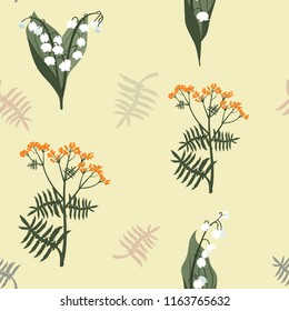 Seamless vector illustration with lilies of the valley and field grass on a yellow background. For decorating textiles, packaging, posters and wallpapers.