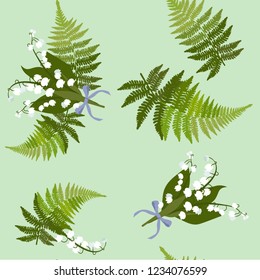 Seamless vector illustration with lilies of the valley and fern leaves on a green background. For decoration of textiles, packaging, web design, wallpaper.