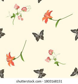 Seamless vector illustration with lily, sweet pea and butterflies on a beige background. For decoration of textiles, packaging, web design.