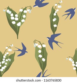 Seamless vector illustration with lily of the valley and swallows on a beige background. For decorating textiles, packaging and wallpaper.