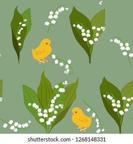Seamless vector illustration with a lily of the valley and chickens on green background. For decorating textiles, packaging and wallpapers.