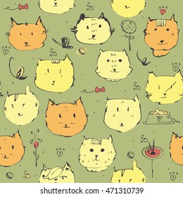 Seamless vector illustration with lovely cute cats heads and accessories on green background. Pattern hand drawn with ink and colored with yellow and orange. 