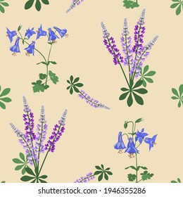 Seamless vector  illustration with lupine and  aquilegia  on a beige background . For decorating textiles, packaging, wallpaper.