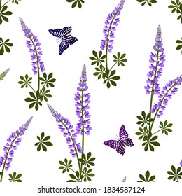 Seamless vector illustration with lupine flowers and butterflies on a white background. For decorating textiles, packaging, wallpaper.