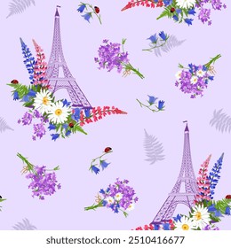 Ilustração vetorial perfeita com tremoço, lavanda, camomila, torre Eiffel e joaninha. Para decorar têxteis, embalagens, web design.