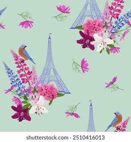 Seamless vector illustration with lupine, lily, rhododendron, Eiffel tower and birds. For decorating textiles, packaging, web design.
