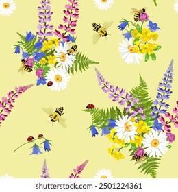 Seamless vector illustration with lupines, chamomiles, bellflowers and bees on a beige background. To decorate textiles, packaging.