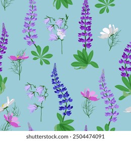 Seamless vector illustration with lupines, cosmea and campanula on a blue background. To decorate textiles, packaging.