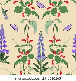 Seamless vector illustration with lupines, digitalis, butterflies and hummingbirds on a beige background. For decorating textiles, packaging, paper.