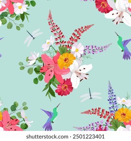 Seamless vector illustration with lupines, lily, chrysanthemum, hummingbirds and dragonflies on a blue background. To decorate textiles, packaging.