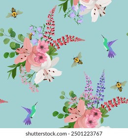 Ilustración vectorial sin fisuras con altramuces, lirios, campanillas, colibríes y abejas sobre un fondo azul. Para decorar textiles, embalaje.