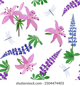 Ilustración vectorial sin fisuras con altramuces, lirios y libélulas sobre un fondo blanco. Para decorar textiles, embalaje.