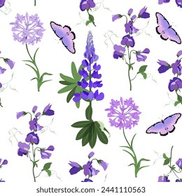 Seamless vector illustration with lupines, sweet pea and butterflies on a white background. For decorating textiles and packaging.