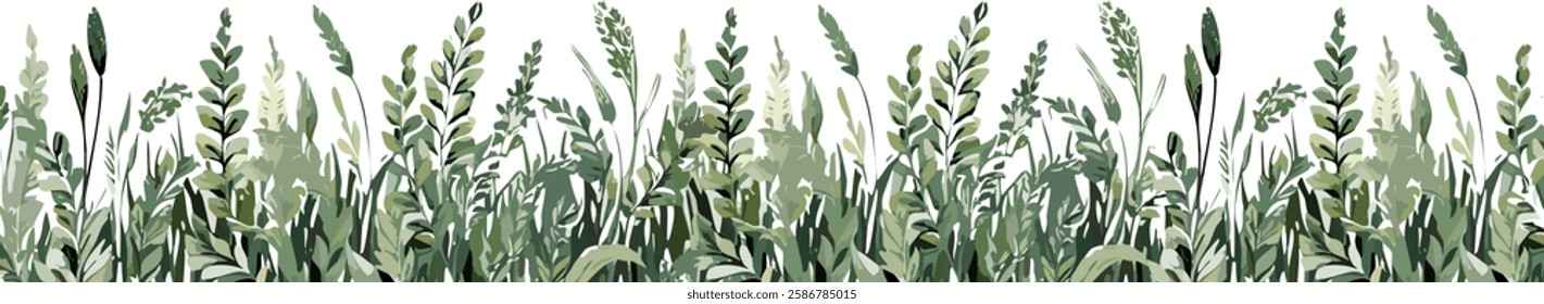 Seamless vector illustration of lush green grass and wild plants on a transparent background. Perfect for eco-themed projects, botanical designs, and nature-inspired decorations