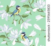 Seamless vector illustration with magnolia flowers and birds on a green background. For decorating textiles, packaging, wallpaper.