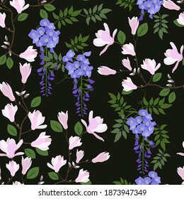 Seamless vector illustration with magnolia flowers and wisteria on a black background. For decorating textiles, packaging, wallpaper.