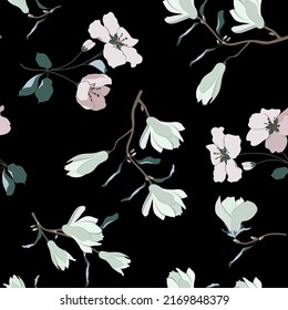 Seamless vector illustration with magnolia flowers on a black background. For decorating textiles, packaging, wallpaper.