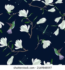 Seamless vector illustration with magnolia flowers, dragonflies and birds on a dark background. For decorating textiles, packaging, wallpaper.