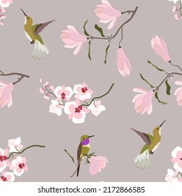 Seamless vector illustration with magnolia flowers, orchids and birds. For decorating textiles, packaging, wallpaper.