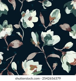 Seamless vector illustration with magnolia flowers on a black background. For decorating textiles, packaging, wallpaper, digital print and textile design.