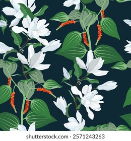 Seamless vector illustration with magnolia flowers and tropical plants on a black background. For decorating textiles, packaging, wallpaper.