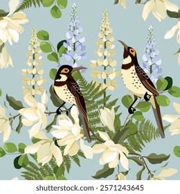 Seamless vector illustration with magnolia flowers and birds on a blue background. For decorating textiles, packaging, wallpaper.