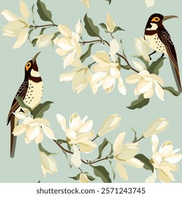 Seamless vector illustration with magnolia flowers and birds on a blue background. For decorating textiles, packaging, wallpaper.