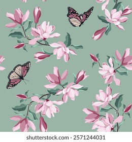 Seamless vector illustration with magnolia flowers and butterflies on a green background. For decorating textiles, packaging, wallpaper.