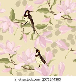 Seamless vector illustration with magnolia flowers and birds on a beige background. For decorating textiles, packaging, wallpaper.