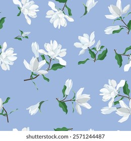 Seamless vector illustration with magnolia flowers on a blue background. For decorating textiles, packaging, wallpaper.