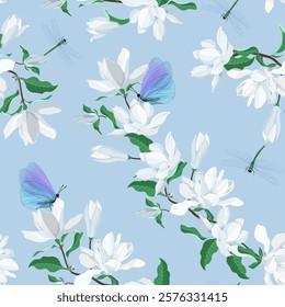 Seamless vector illustration with magnolia flowers, dragonflies and butterflies on a blue background. For decorating textiles, packaging, wallpaper.