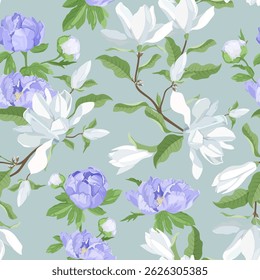 Seamless vector illustration with magnolia flowers and peonies on a gray background. For decorating textiles, packaging, wallpaper.