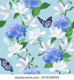 Seamless vector illustration with magnolia, hydrangea and butterflies on a blue background. For decorating textiles, packaging, paper.