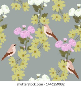 Seamless vector illustration with magnolia and iris flowers on a gray background. For decoration of textiles, packaging, web design.