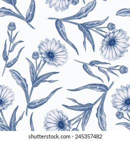 Seamless vector illustration. Marigold flowers. Black and white. Design for paper, textile, fabric, web, packaging.