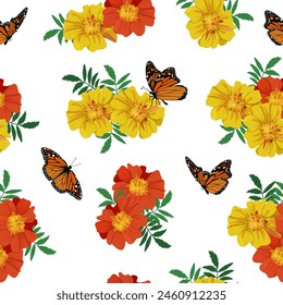 Seamless vector illustration with marigolds and butterflies on a white background. For decorating textiles, packaging, paper.