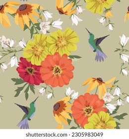 Seamless vector illustration with marigolds, campanula and hummingbirds on a beige background. For decorating textiles, packaging, paper.